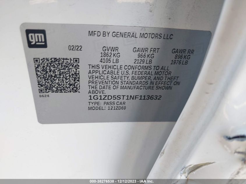 2022 CHEVROLET MALIBU LT - 1G1ZD5ST1NF113632