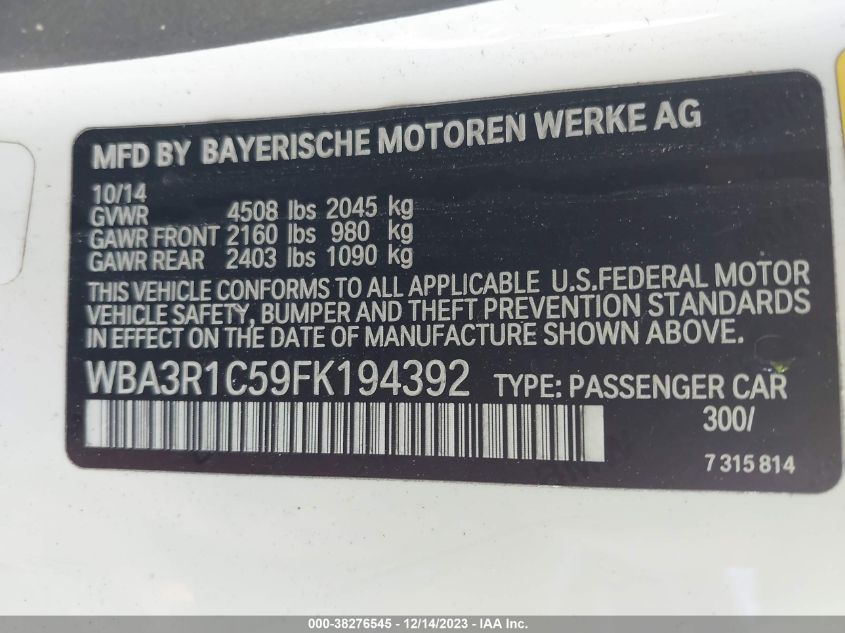2015 BMW 435I - WBA3R1C59FK194392