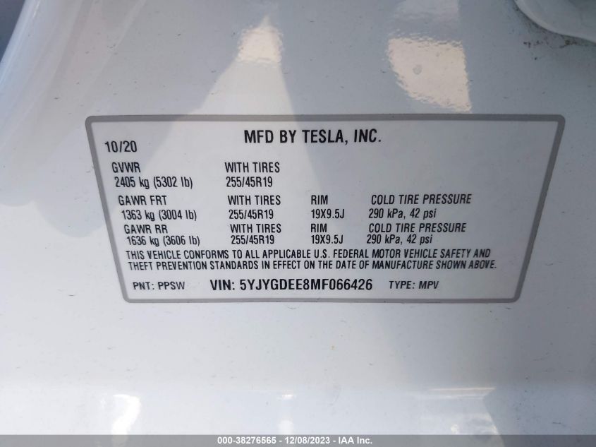 2021 TESLA MODEL Y LONG RANGE DUAL MOTOR ALL-WHEEL DRIVE - 5YJYGDEE8MF066426
