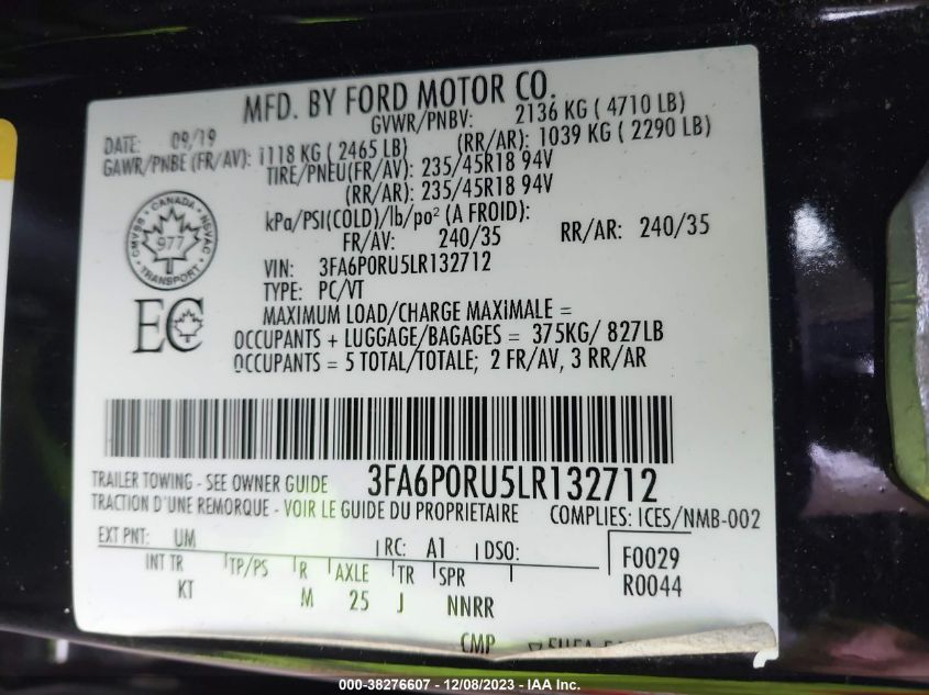 3FA6P0RU5LR132712 Ford Fusion Hybrid TITANIUM 9