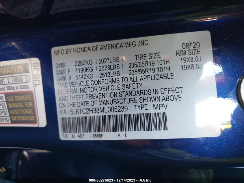 2021 ACURA RDX 2.0L I4 FI DOHC 16V (VIN: 5J8TC2H38ML005239