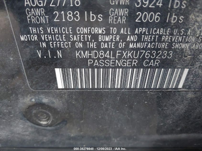 2019 HYUNDAI ELANTRA SEL - KMHD84LFXKU763233