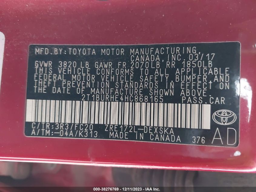 2017 TOYOTA COROLLA L/LE/XLE/SE/XSE - 2T1BURHE4HC868165