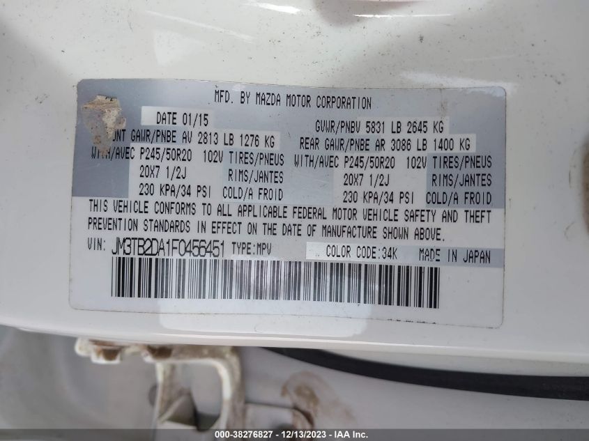 2015 MAZDA CX-9 GRAND TOURING - JM3TB2DA1F0456451