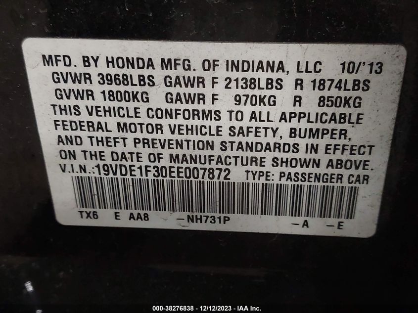 2014 ACURA ILX 2.0L A5 - 19VDE1F30EE007872