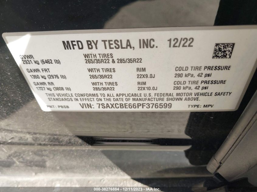 2023 TESLA MODEL X - 7SAXCBE66PF376599