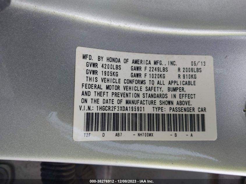 2013 HONDA ACCORD SDN LX 1HGCR2F3XDA195901