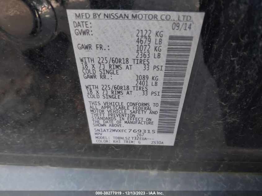 2015 NISSAN ROGUE S/SL/SV - 5N1AT2MVXFC769315