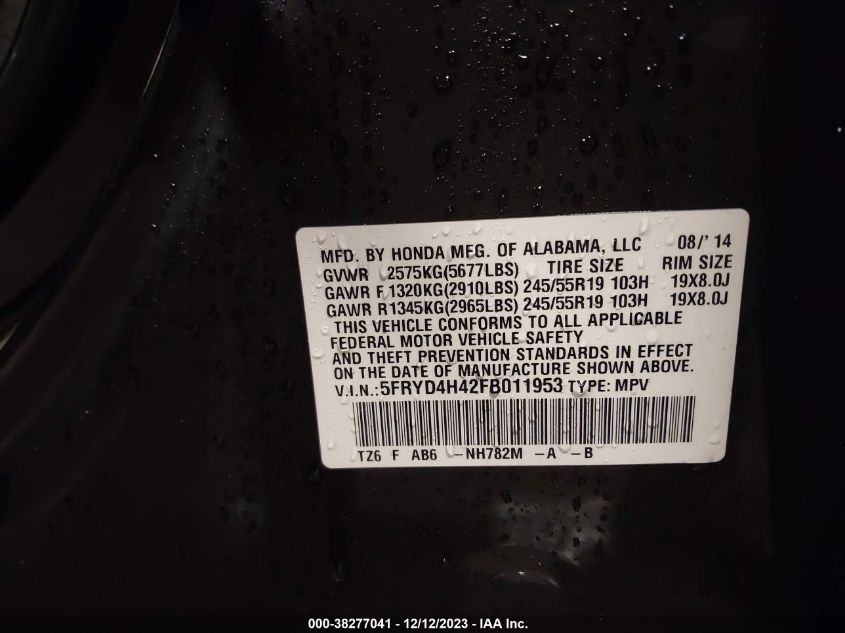 2015 ACURA MDX TECHNOLOGY - 5FRYD4H42FB011953