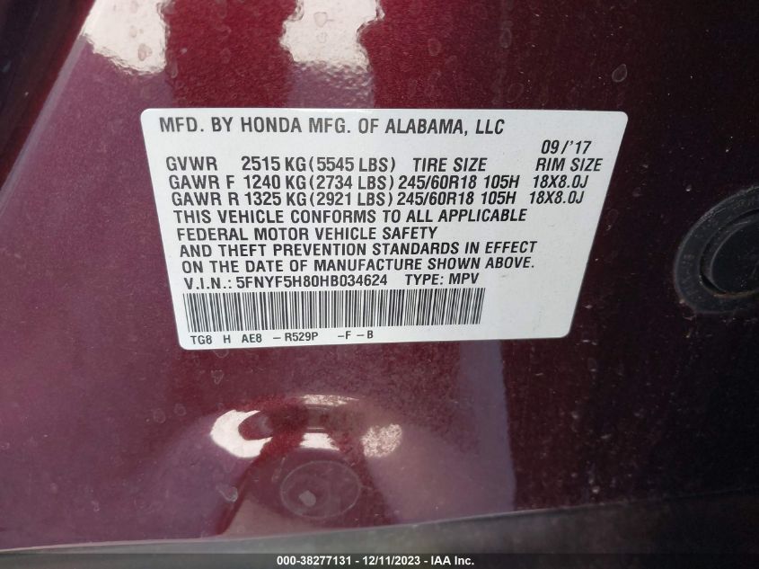 2017 HONDA PILOT EXL - 5FNYF5H80HB034624