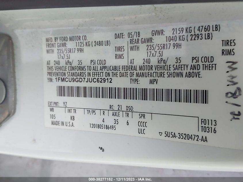 2018 FORD ESCAPE SE - 1FMCU9GD7JUC62912