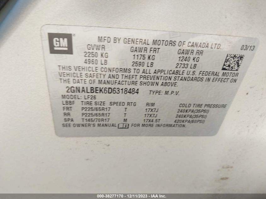 2013 CHEVROLET EQUINOX LS - 2GNALBEK6D6318484