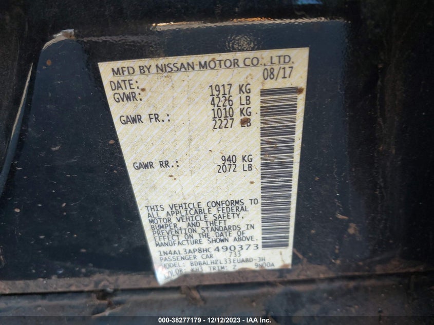 VIN 1N4AL3AP8HC490373 2017 NISSAN ALTIMA 2.5/S/SV/SL/SR