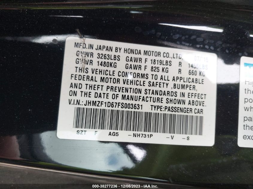 2015 HONDA CR-Z EX - JHMZF1D67FS003631