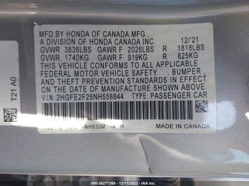 2022 HONDA CIVIC LX - 2HGFE2F26NH558844