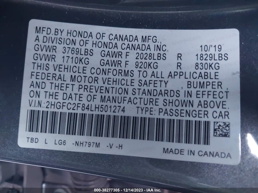 VIN 2HGFC2F84LH501274 2020 HONDA CIVIC SPORT