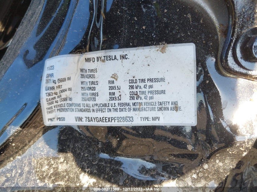 VIN 7SAYGAEEXPF928633 2023 TESLA MODEL Y