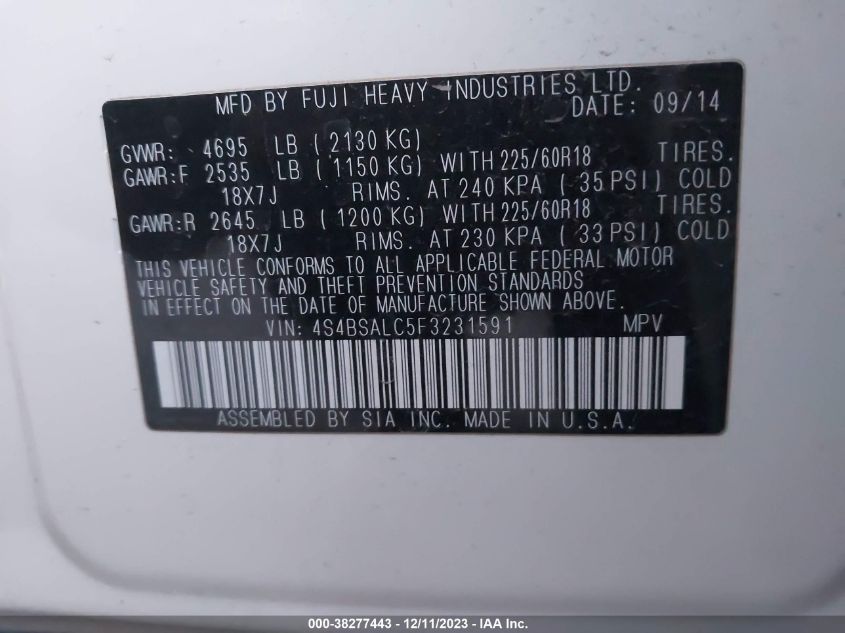 2015 SUBARU OUTBACK 2.5I LIMITED - 4S4BSALC5F3231591