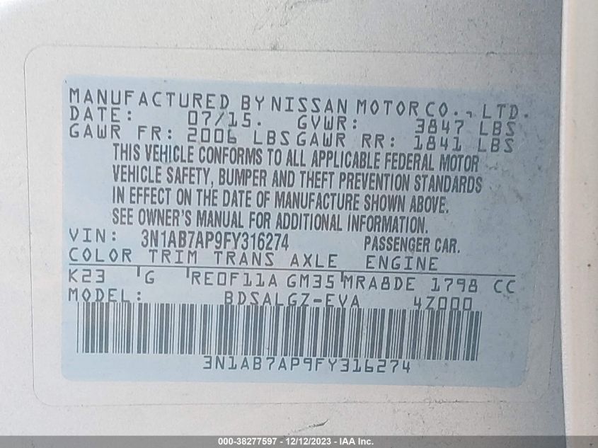 2015 NISSAN SENTRA S/SV/SR/SL - 3N1AB7AP7FY316273