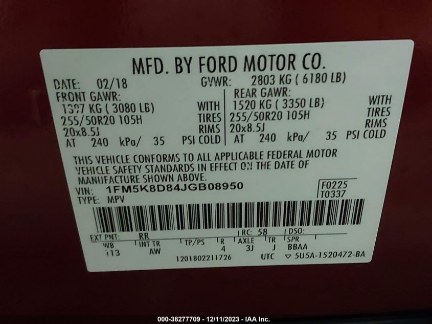 2018 FORD EXPLORER XLT - 1FM5K8D84JGB08950