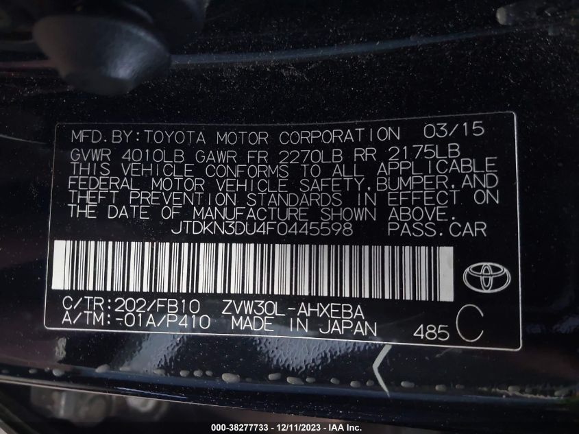 2015 TOYOTA PRIUS TWO - JTDKN3DU4F0445598