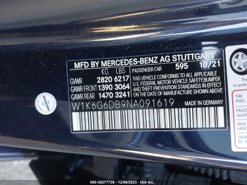 2022 MERCEDES-BENZ S-CLASS S 500 W1K6G6DB9NA091619