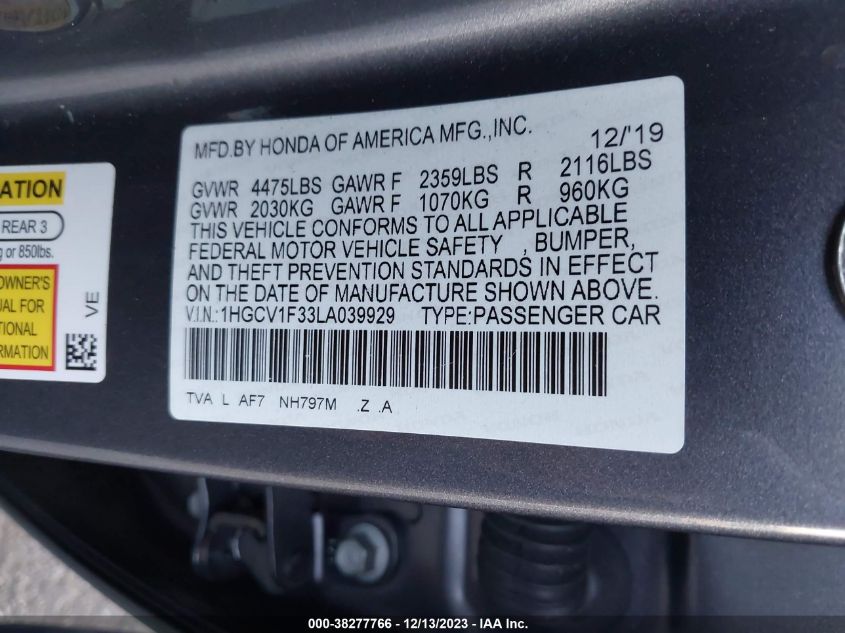 2020 HONDA ACCORD SPORT - 1HGCV1F33LA039929