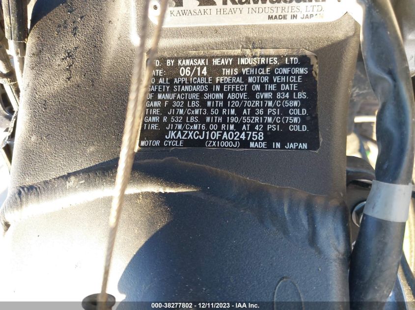 2015 KAWASAKI ZX1000 J JKAZXCJ10FA024758