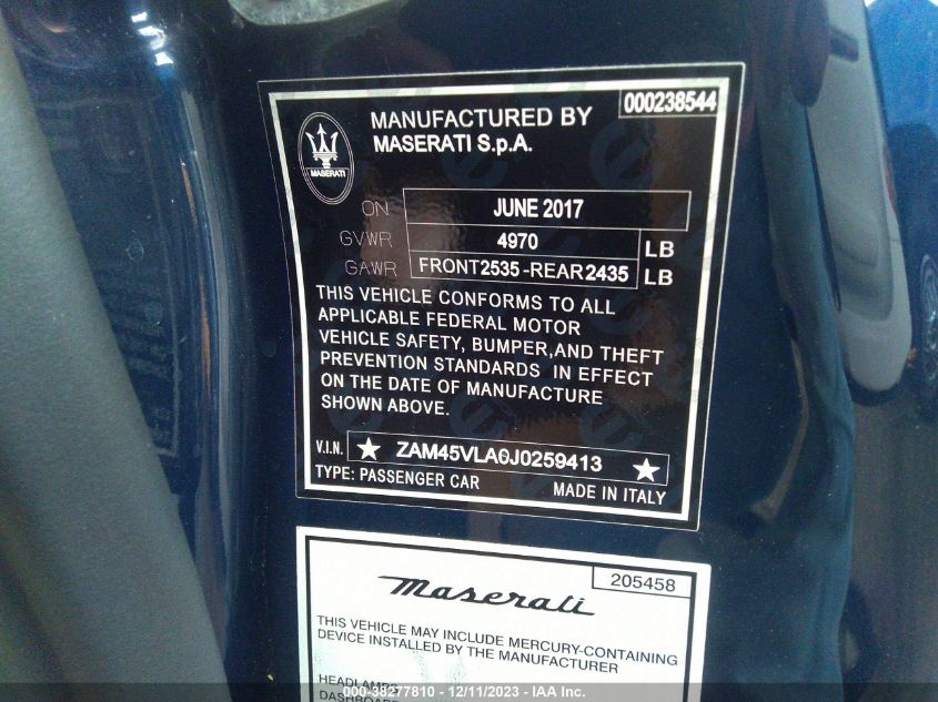 2018 MASERATI GRANTURISMO MC/SPORT ZAM45VLA0J0259413