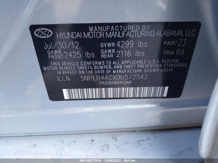 2013 HYUNDAI SONATA GLS PZEV - 5NPEB4ACXDH572542