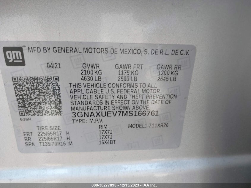 VIN 3GNAXUEV7MS166761 2021 CHEVROLET EQUINOX LT