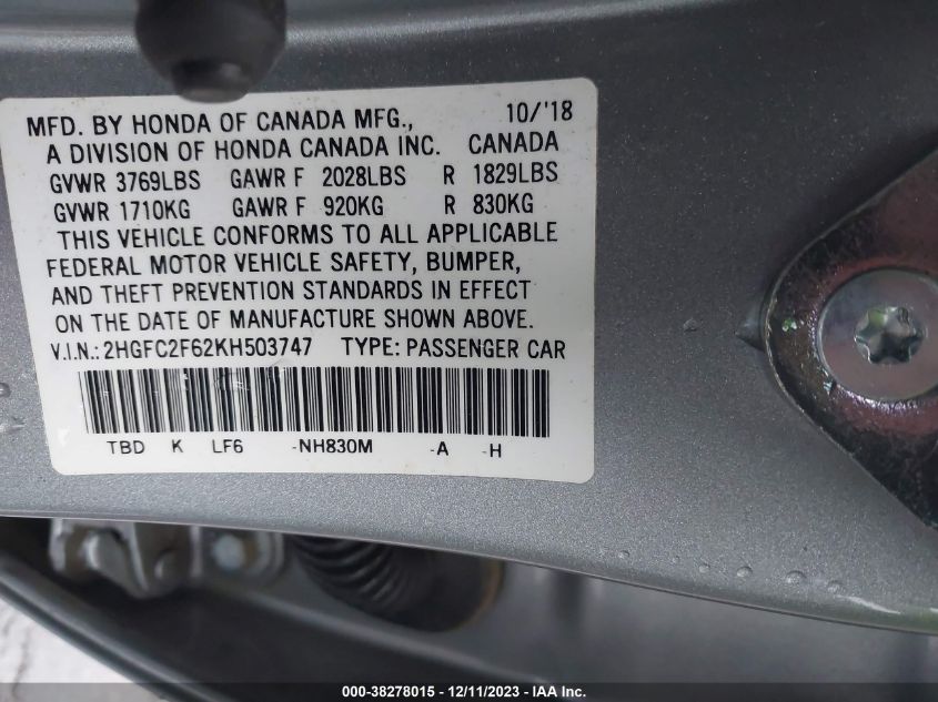2019 HONDA CIVIC LX - 2HGFC2F62KH503747