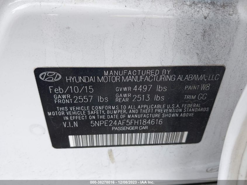 5NPE24AF5FH184616 | 2015 HYUNDAI SONATA