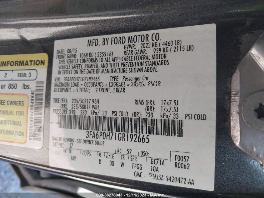2016 FORD FUSION SE - 3FA6P0H71GR192665