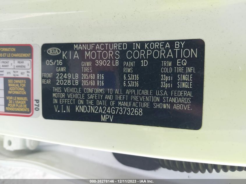 2016 KIA SOUL BASE - KNDJN2A24G7373268