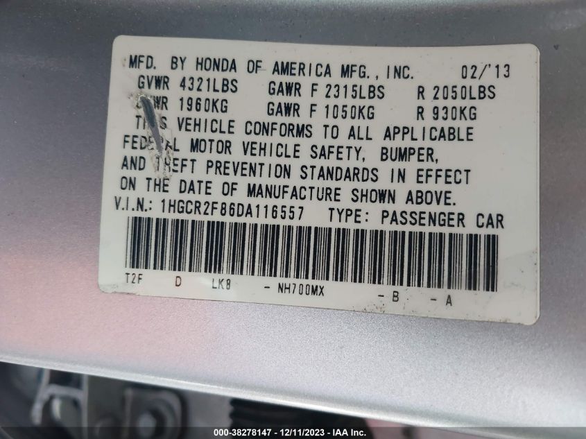 2013 HONDA ACCORD SDN EX-L 1HGCR2F86DA116557