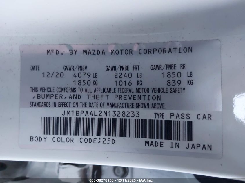 VIN JM1BPAAL2M1328233 2021 MAZDA MAZDA3 2.5 S