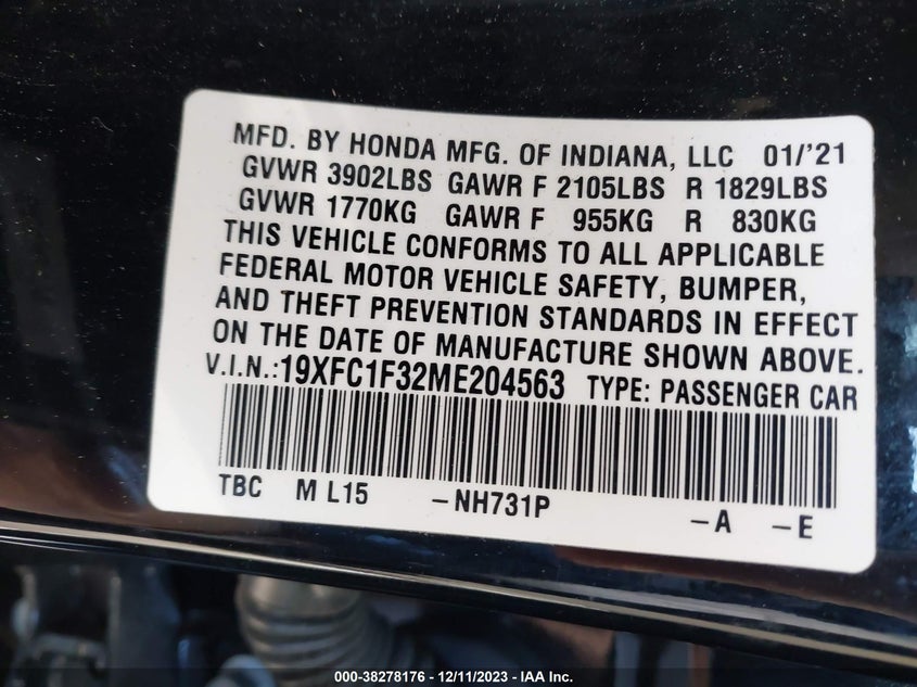 VIN 19XFC1F32ME204563 2021 HONDA CIVIC EX