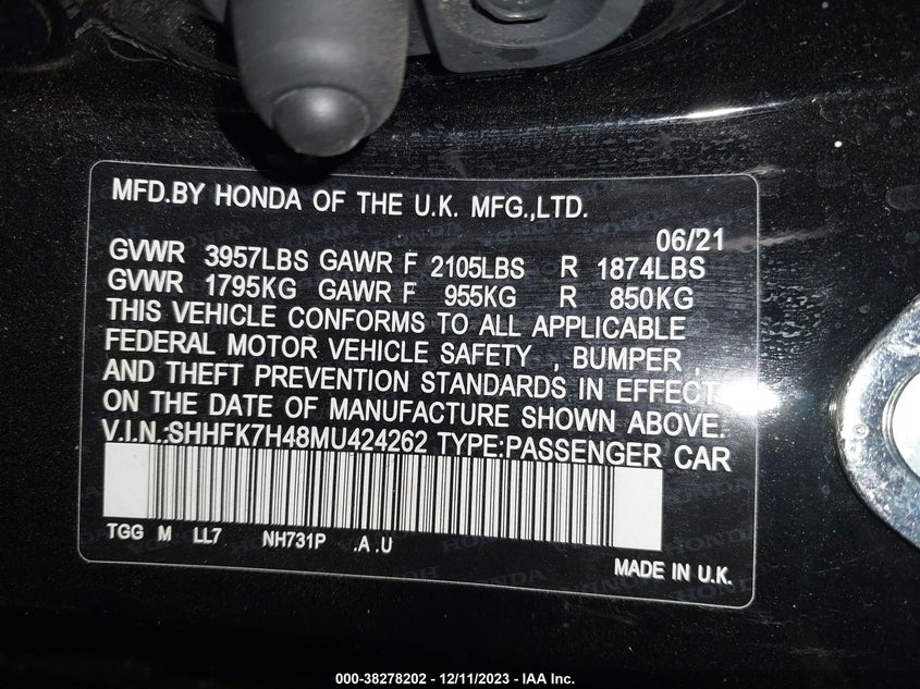 VIN SHHFK7H48MU424262 2021 HONDA CIVIC SPORT