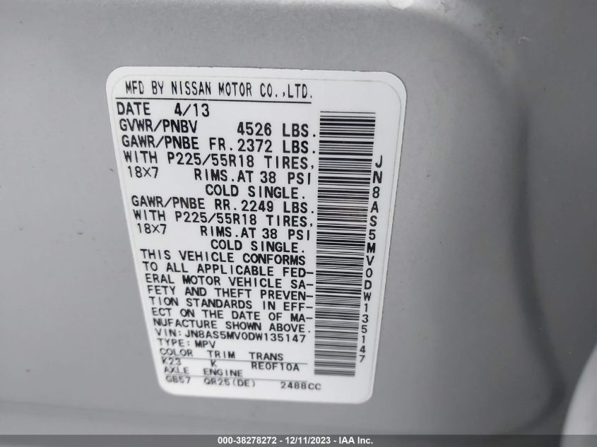 2013 NISSAN ROGUE S/SV - JN8AS5MV0DW135147