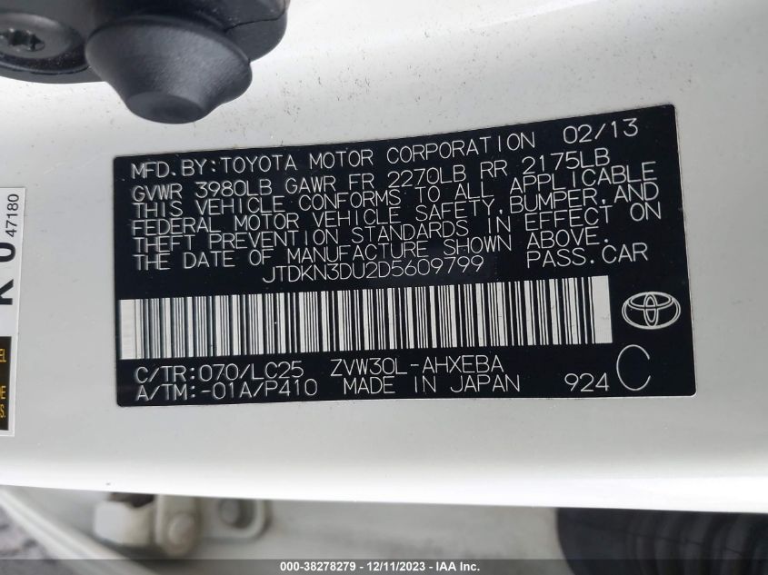 2013 TOYOTA PRIUS PERSONA - JTDKN3DU2D5609799