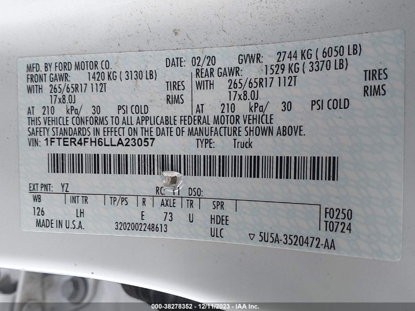 2020 FORD RANGER XL - 1FTER4FH6LLA23057