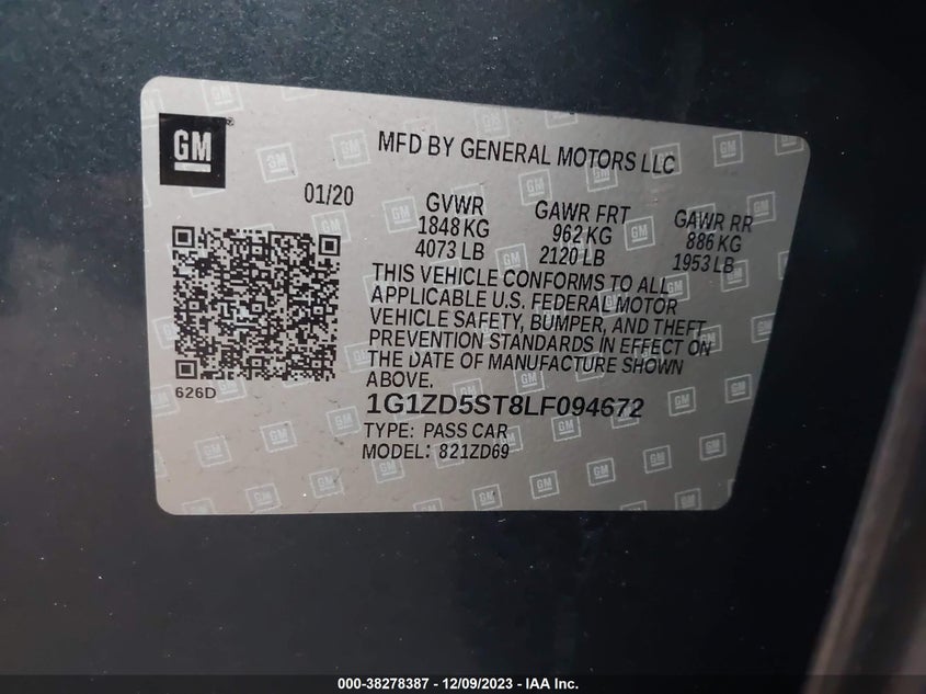 VIN 1G1ZD5ST8LF094672 2020 CHEVROLET MALIBU LT