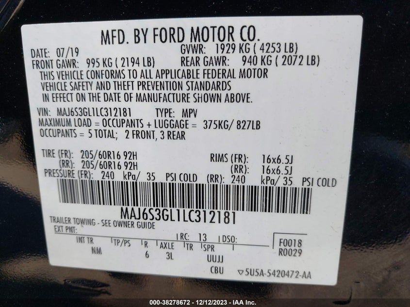 VIN MAJ6S3GL1LC312181 2020 FORD ECOSPORT SE