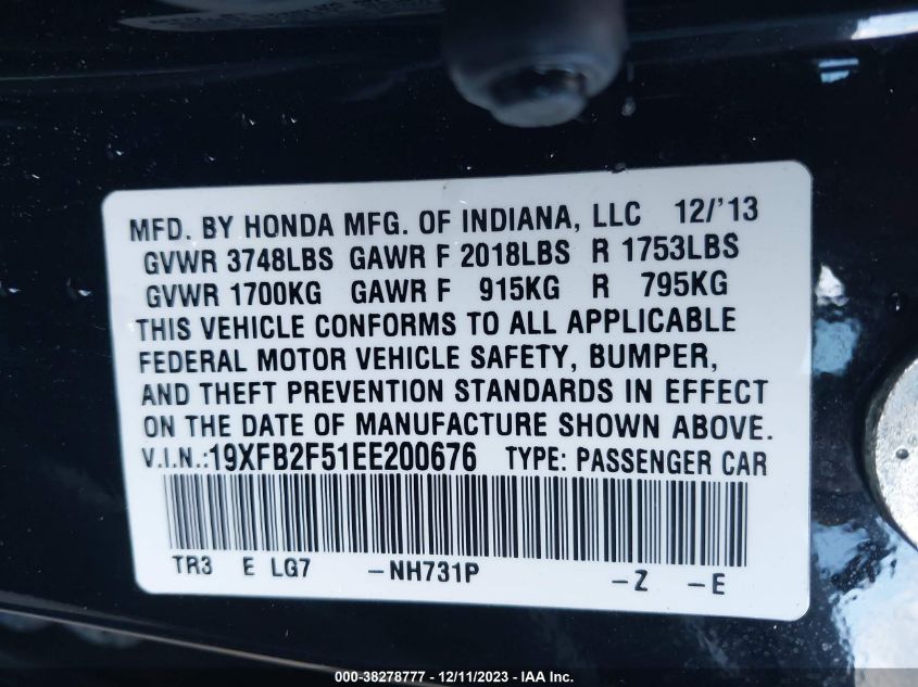 19XFB2F51EE200676 | 2014 HONDA CIVIC SEDAN