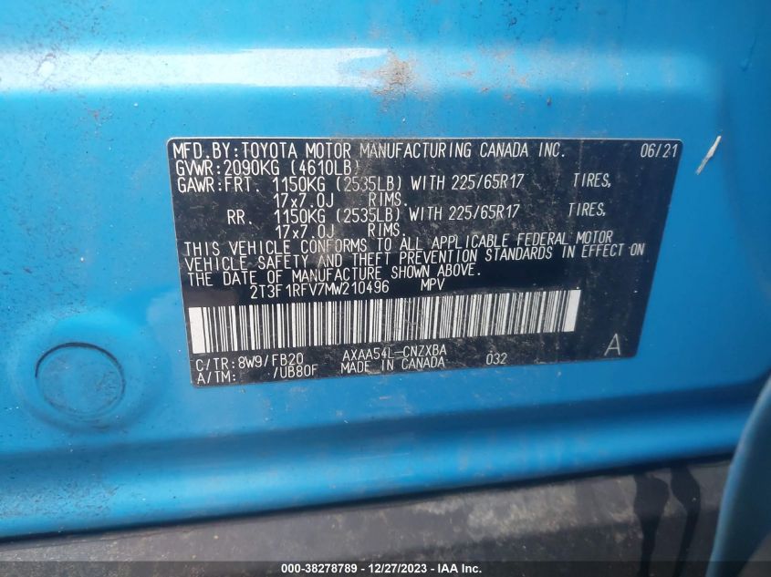 2021 TOYOTA RAV4 LE - 2T3F1RFV7MW210496