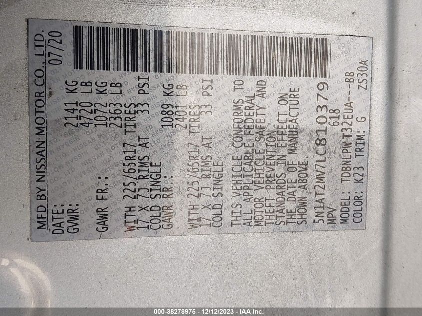 2020 NISSAN ROGUE S/SL/SV - 5N1AT2MV7LC810379