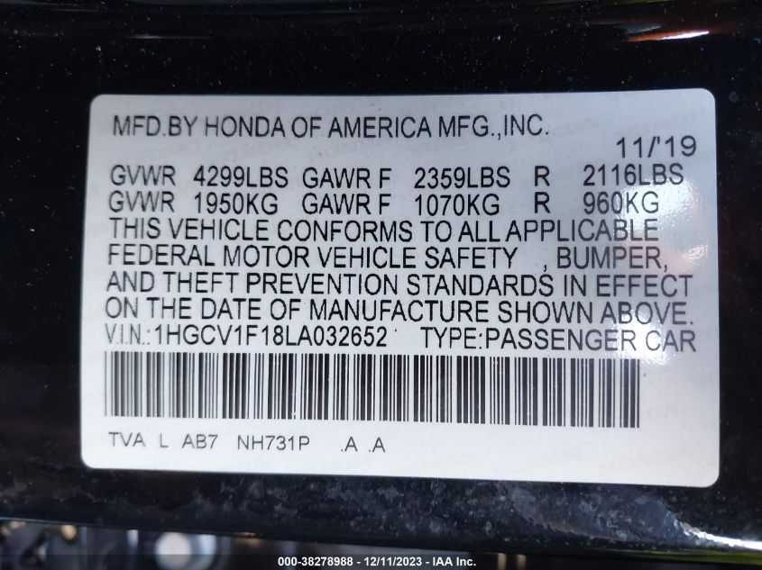 VIN 1HGCV1F18LA032652 2020 HONDA ACCORD LX