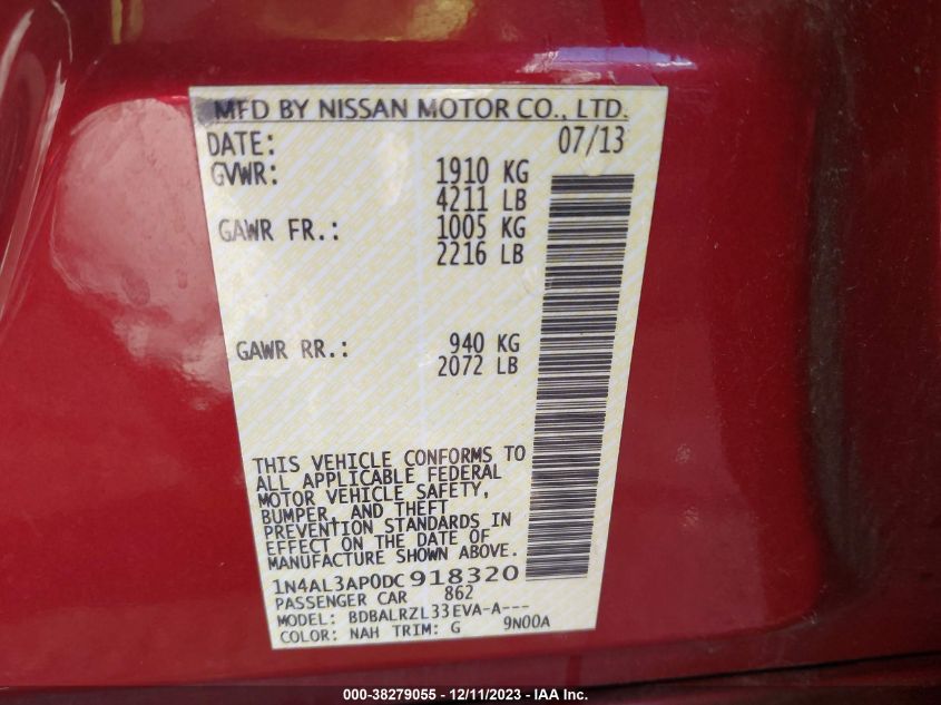 2013 NISSAN ALTIMA 2.5 S - 1N4AL3AP0DC918320