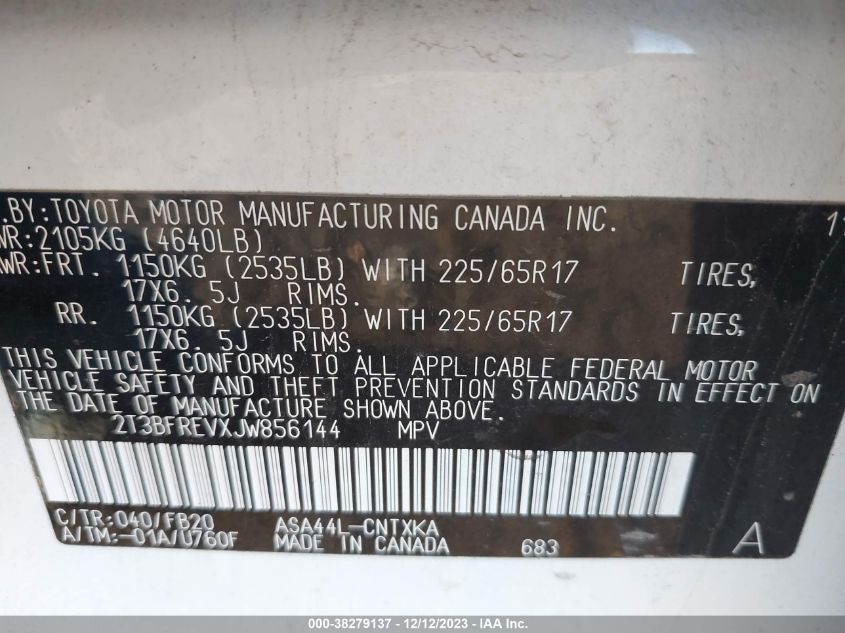 2018 TOYOTA RAV4 LE - 2T3BFREVXJW856144